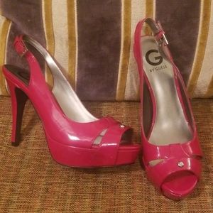 Red Patent Guess Peep Toe Slingback Heels